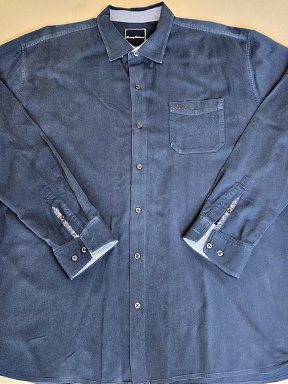 Tommy Bahama XXL Mens Long Sleeve Button Down Navy Blue Cotton Silk Preppy